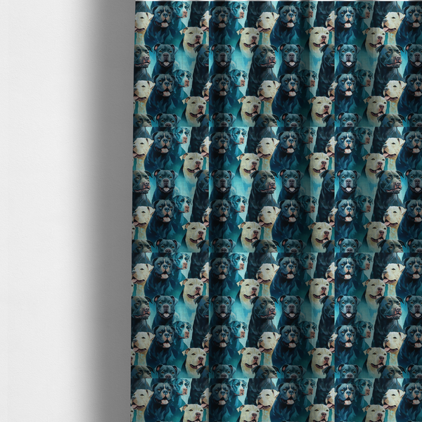 The fabric used to create these made-to-measure curtains is a fabric print featuring a repeating pattern of pit bulls and bully breed dogs in blue, black, and white tones set against a textured turquoise background.   