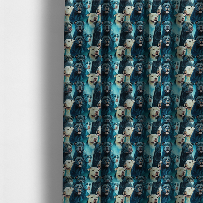 The fabric used to create these made-to-measure curtains is a fabric print featuring a repeating pattern of pit bulls and bully breed dogs in blue, black, and white tones set against a textured turquoise background.   