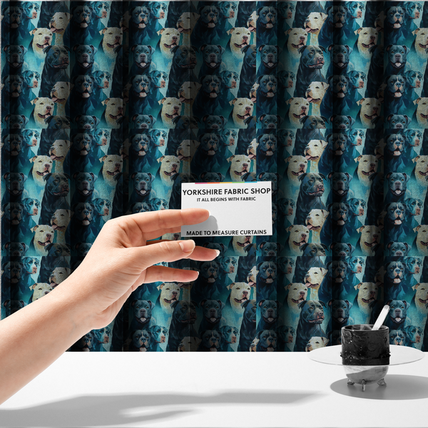 The fabric used to create these made-to-measure curtains is a fabric print featuring a repeating pattern of pit bulls and bully breed dogs in blue, black, and white tones set against a textured turquoise background.   
