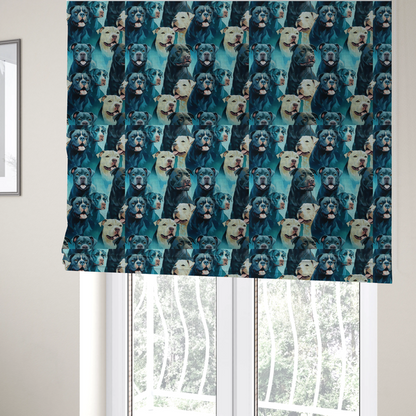 The fabric used to create these Roman blinds is a fabric print featuring a repeating pattern of pit bulls and bully breed dogs in blue, black, and white tones set against a textured turquoise background.   