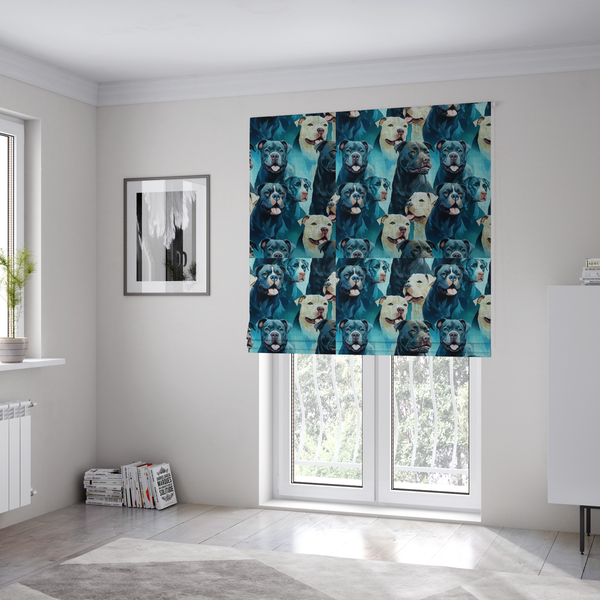 The fabric used to create these Roman blinds is a fabric print featuring a repeating pattern of pit bulls and bully breed dogs in blue, black, and white tones set against a textured turquoise background.   