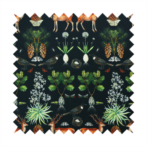 Symmetrical woodland fabric pattern featuring reddish-brown stags with antlers, pinecones, birds, nests with eggs, and botanical flora on a black background.   