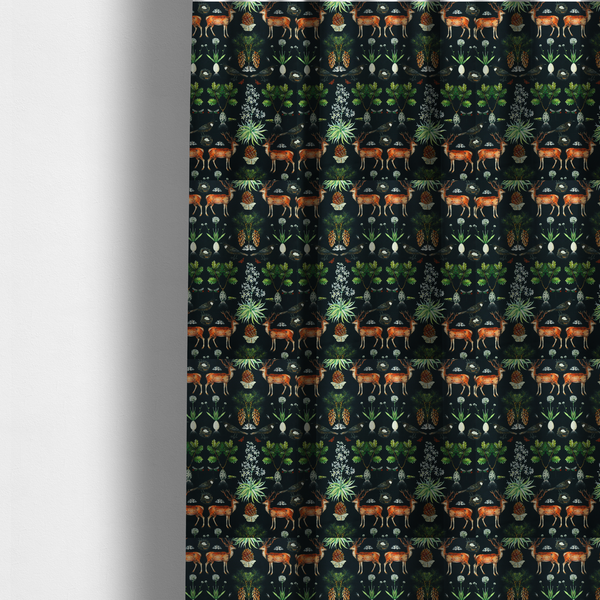 The fabric used to create these made-to-measure curtains is a symmetrical woodland fabric pattern featuring reddish-brown stags with antlers, pinecones, birds, nests with eggs, and botanical flora on a black background.   