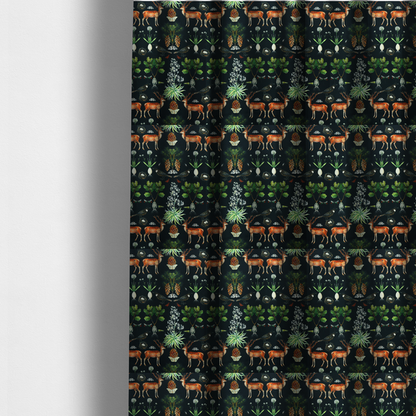 The fabric used to create these made-to-measure curtains is a symmetrical woodland fabric pattern featuring reddish-brown stags with antlers, pinecones, birds, nests with eggs, and botanical flora on a black background.   