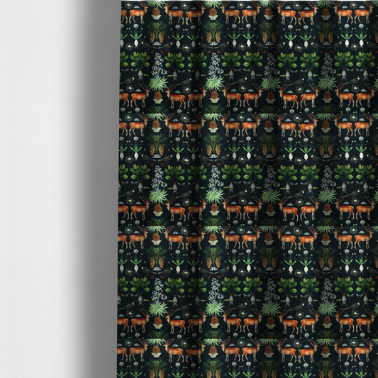 The fabric used to create these made-to-measure curtains is a symmetrical woodland fabric pattern featuring reddish-brown stags with antlers, pinecones, birds, nests with eggs, and botanical flora on a black background.   