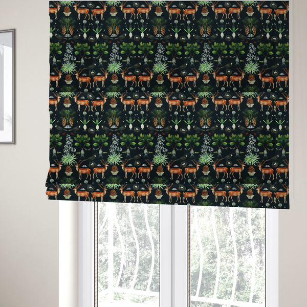 the fabric used to create these Roman blinds is a symmetrical woodland fabric pattern featuring reddish-brown stags with antlers, pinecones, birds, nests with eggs, and botanical flora on a black background.   