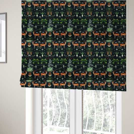 the fabric used to create these Roman blinds is a symmetrical woodland fabric pattern featuring reddish-brown stags with antlers, pinecones, birds, nests with eggs, and botanical flora on a black background.   