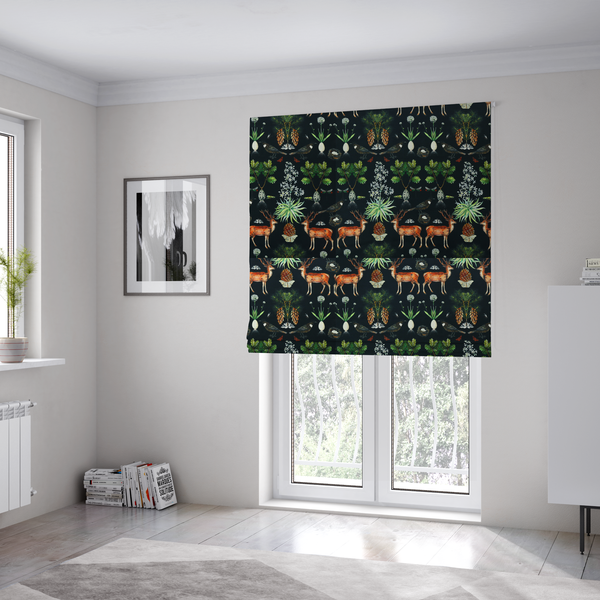 the fabric used to create these Roman blinds is a symmetrical woodland fabric pattern featuring reddish-brown stags with antlers, pinecones, birds, nests with eggs, and botanical flora on a black background.   