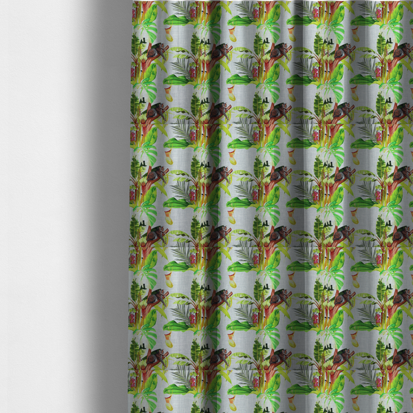 The fabric used to create these made-to-measure curtains is a tropical jungle fabric featuring leopards resting on tree branches alongside pitcher plants, banana leaves, and Monstera foliage on a light grey textured background.