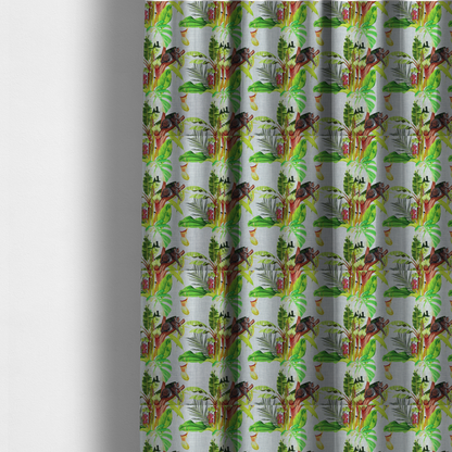 The fabric used to create these made-to-measure curtains is a tropical jungle fabric featuring leopards resting on tree branches alongside pitcher plants, banana leaves, and Monstera foliage on a light grey textured background.