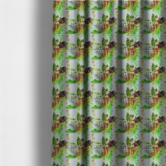 The fabric used to create these made-to-measure curtains is a tropical jungle fabric featuring leopards resting on tree branches alongside pitcher plants, banana leaves, and Monstera foliage on a light grey textured background.