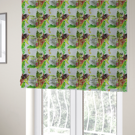 The fabric used to create these Roman blinds is a tropical jungle fabric featuring leopards resting on tree branches alongside pitcher plants, banana leaves, and Monstera foliage on a light grey textured background.