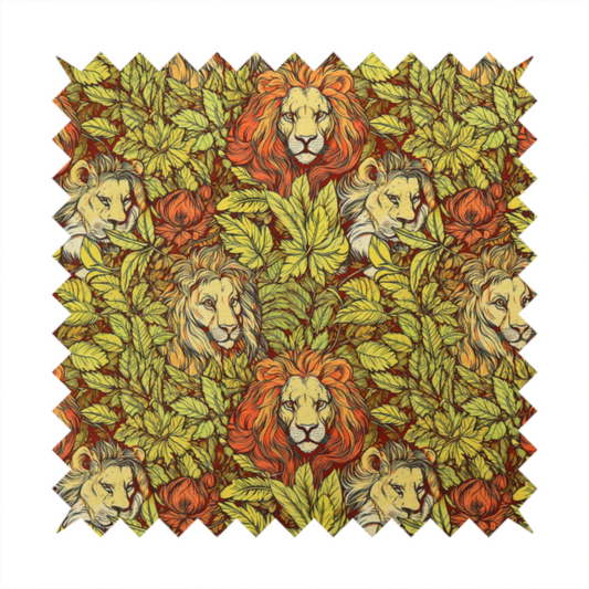 Fabric pattern featuring male lions emerging from dense, golden-yellow foliage and red flowers in an illustrated Arts and Crafts style.   