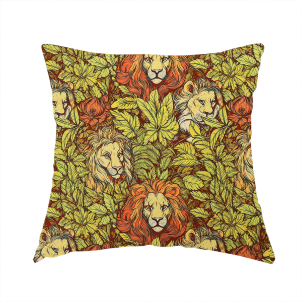 The fabric used to create this handmade cushion is a fabric pattern featuring male lions emerging from dense, golden-yellow foliage and red flowers in an illustrated Arts and Crafts style.   