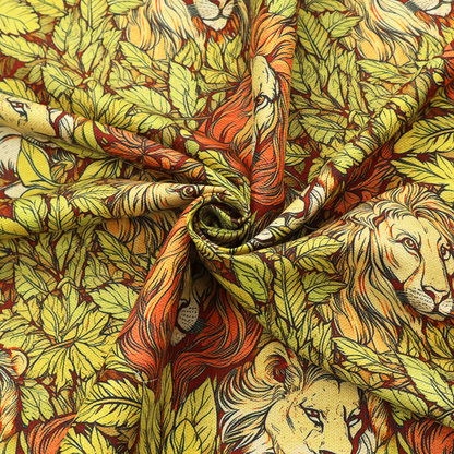 Fabric pattern featuring male lions emerging from dense, golden-yellow foliage and red flowers in an illustrated Arts and Crafts style.   