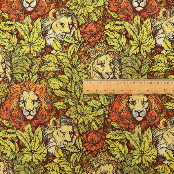 Fabric pattern featuring male lions emerging from dense, golden-yellow foliage and red flowers in an illustrated Arts and Crafts style.   