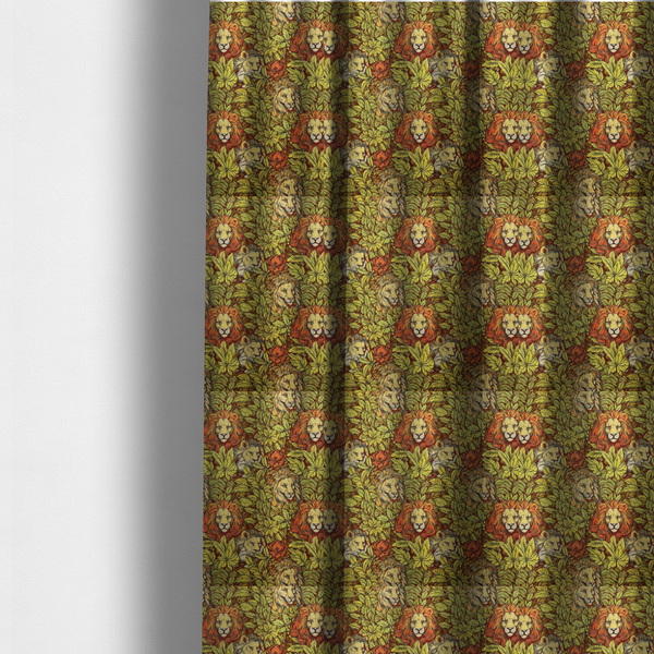 The fabric used to create these made-to-measure curtains is a fabric pattern featuring male lions emerging from dense, golden-yellow foliage and red flowers in an illustrated Arts and Crafts style.   