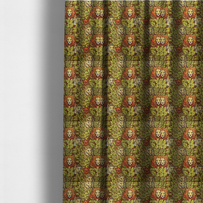 The fabric used to create these made-to-measure curtains is a fabric pattern featuring male lions emerging from dense, golden-yellow foliage and red flowers in an illustrated Arts and Crafts style.   