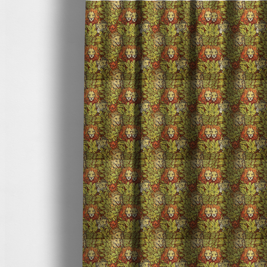 The fabric used to create these made-to-measure curtains is a fabric pattern featuring male lions emerging from dense, golden-yellow foliage and red flowers in an illustrated Arts and Crafts style.   