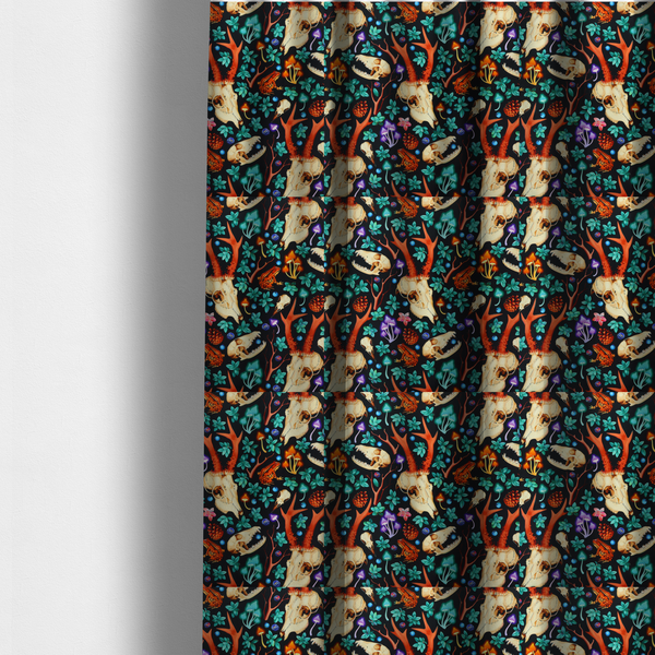 The fabric used to create these made-to-measure curtains is a gothic forest fabric featuring animal skulls with red antlers, bright orange toads, colourful mushrooms, berries, and green foliage on a black background.   