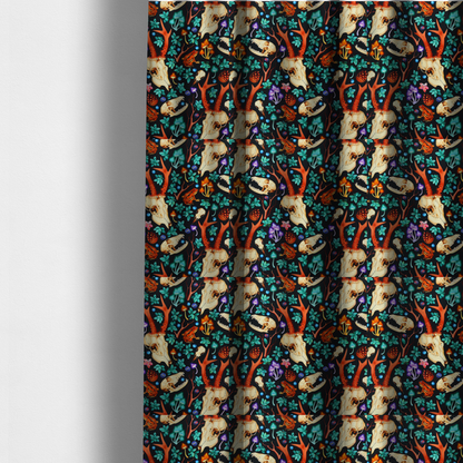 The fabric used to create these made-to-measure curtains is a gothic forest fabric featuring animal skulls with red antlers, bright orange toads, colourful mushrooms, berries, and green foliage on a black background.   