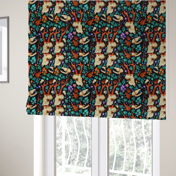 The fabric used to create these Roman blinds is a gothic forest fabric featuring animal skulls with red antlers, bright orange toads, colourful mushrooms, berries, and green foliage on a black background.   