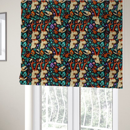 The fabric used to create these Roman blinds is a gothic forest fabric featuring animal skulls with red antlers, bright orange toads, colourful mushrooms, berries, and green foliage on a black background.   