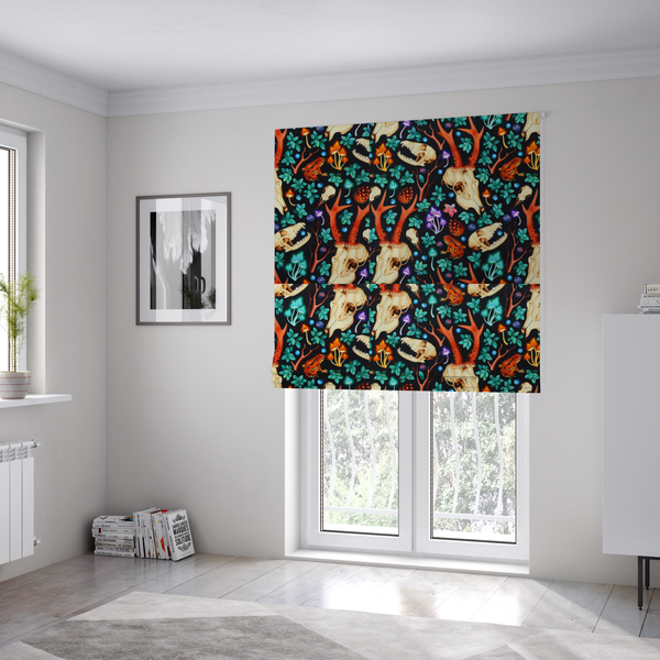 The fabric used to create these Roman blinds is a gothic forest fabric featuring animal skulls with red antlers, bright orange toads, colourful mushrooms, berries, and green foliage on a black background.   