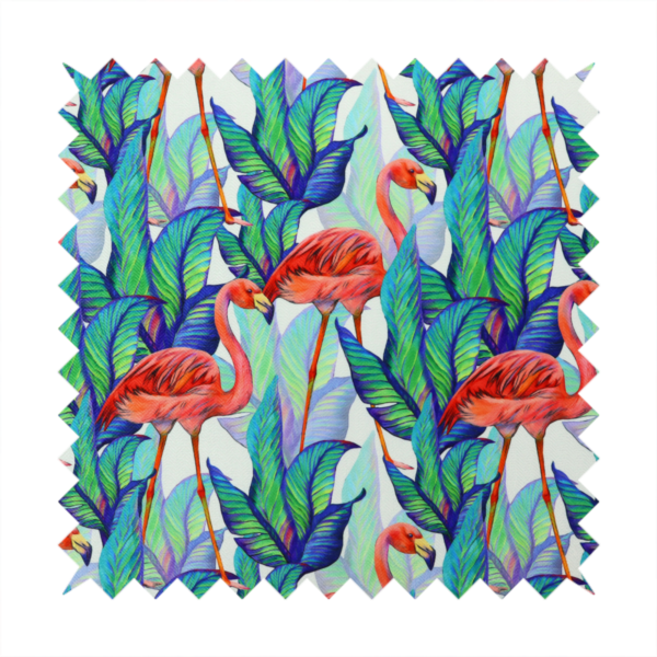 Vibrant tropical fabric pattern featuring coral-pink flamingos nestled among lush green, teal, and blue palm foliage against a white background.   
