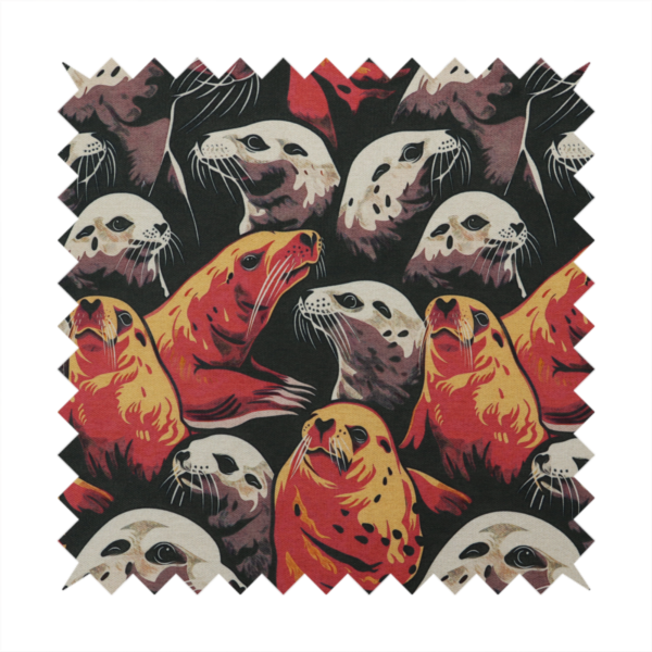 Fabric print featuring a repeating pattern of seals and sea lions in shades of cream, ochre yellow, and coral red on a dark charcoal background.   