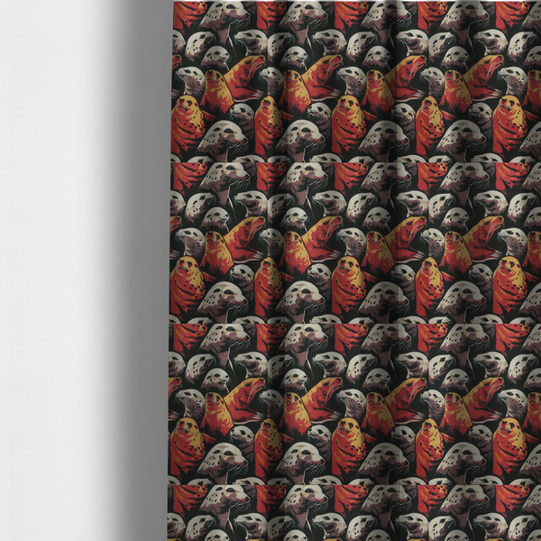 The fabric used to create these made-to-measure curtains is a fabric print featuring a repeating pattern of seals and sea lions in shades of cream, ochre yellow, and coral red on a dark charcoal background.   