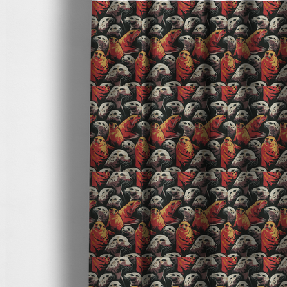 The fabric used to create these made-to-measure curtains is a fabric print featuring a repeating pattern of seals and sea lions in shades of cream, ochre yellow, and coral red on a dark charcoal background.   