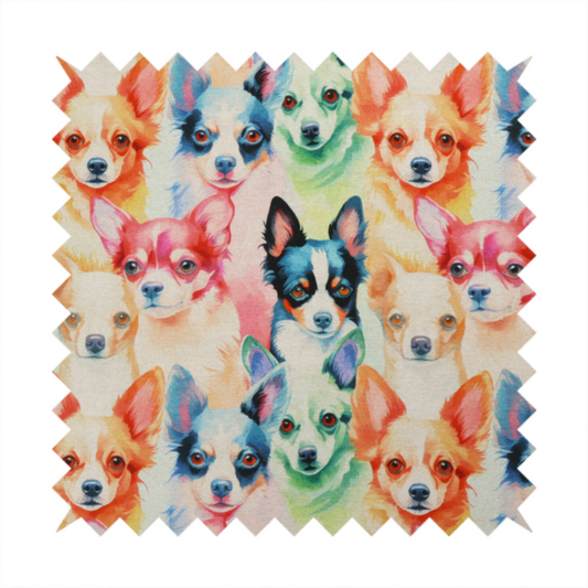 Colourful fabric pattern featuring watercolour portraits of chihuahuas in shades of tan, pink, blue, green, and black on a light cream background.   