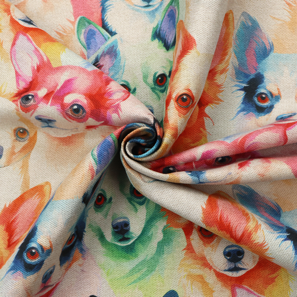 Colourful fabric pattern featuring watercolour portraits of chihuahuas in shades of tan, pink, blue, green, and black on a light cream background.   