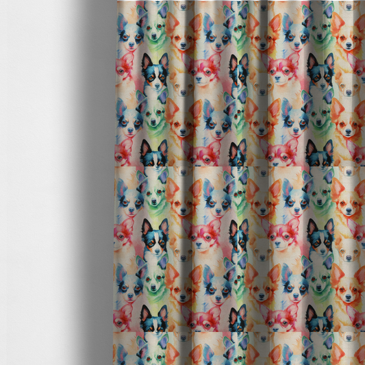 The fabric used to create these made-to-measure curtains is a colourful fabric pattern featuring watercolour portraits of chihuahuas in shades of tan, pink, blue, green, and black on a light cream background.   
