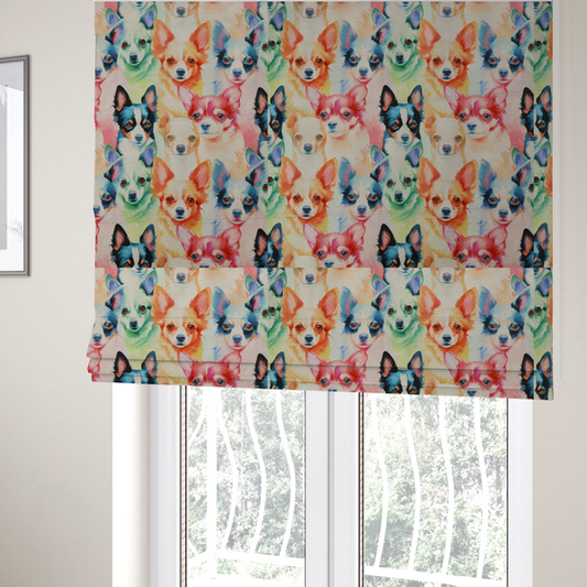 The fabric used to create these Roman blinds is a colourful fabric pattern featuring watercolour portraits of chihuahuas in shades of tan, pink, blue, green, and black on a light cream background.   