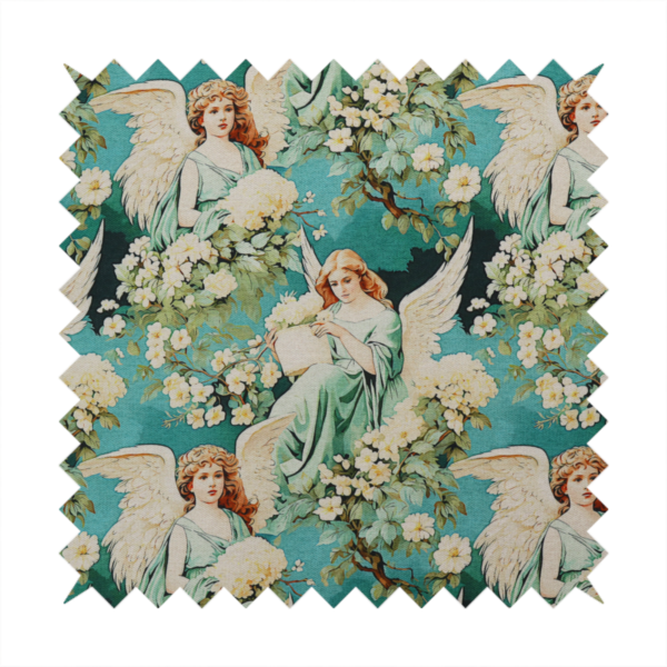 Vintage victorian style fabric pattern featuring winged angels in sage green gowns surrounded by white blossom branches on a teal and dark forest green background.   