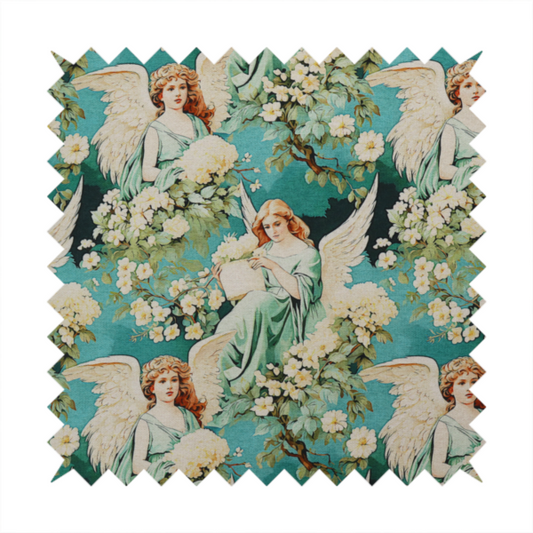 Vintage victorian style fabric pattern featuring winged angels in sage green gowns surrounded by white blossom branches on a teal and dark forest green background.   