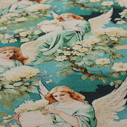 Vintage Victorian style fabric pattern featuring winged angels in sage green gowns surrounded by white blossom branches on a teal and dark forest green background.   