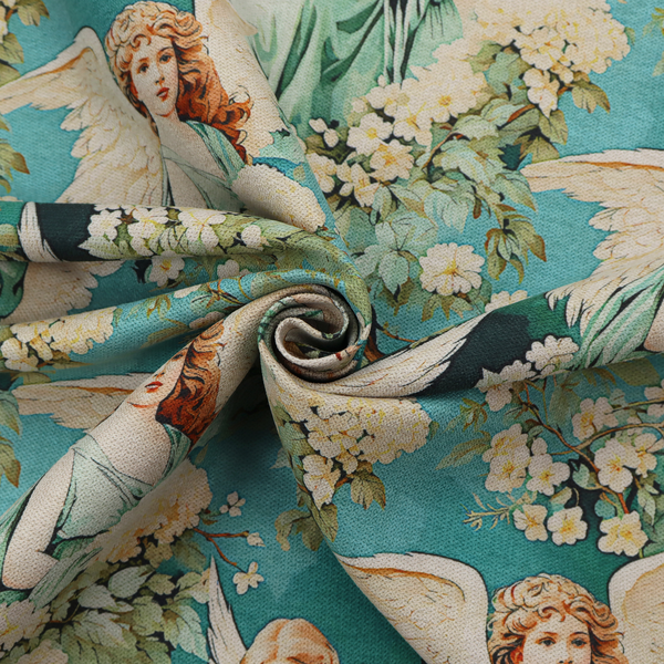 Vintage Victorian style fabric pattern featuring winged angels in sage green gowns surrounded by white blossom branches on a teal and dark forest green background.   