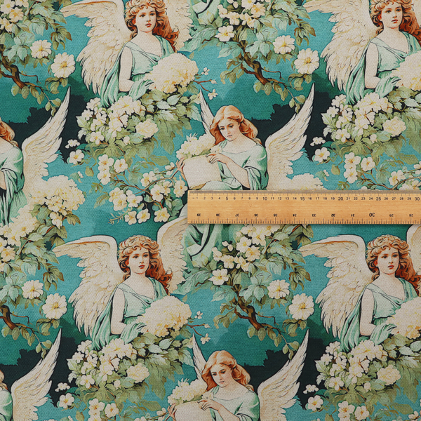 Vintage Victorian style fabric pattern featuring winged angels in sage green gowns surrounded by white blossom branches on a teal and dark forest green background.   