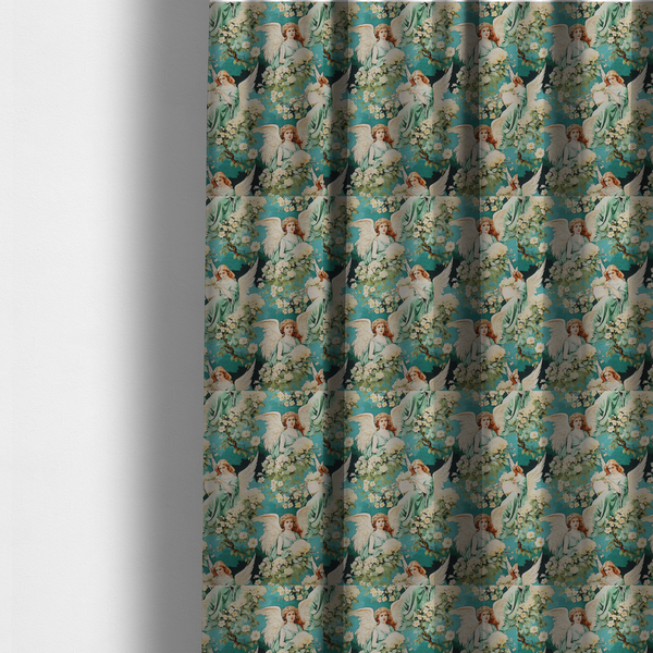The fabric used to create these made-to-measure curtains is a vintage Victorian style fabric pattern featuring winged angels in sage green gowns surrounded by white blossom branches on a teal and dark forest green background.   