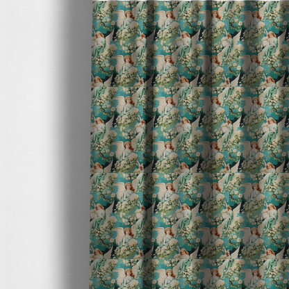 The fabric used to create these made-to-measure curtains is a vintage Victorian style fabric pattern featuring winged angels in sage green gowns surrounded by white blossom branches on a teal and dark forest green background.   