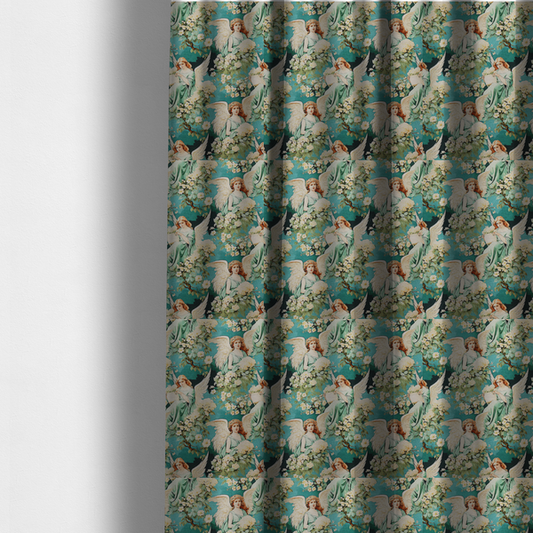 The fabric used to create these made-to-measure curtains is a vintage Victorian style fabric pattern featuring winged angels in sage green gowns surrounded by white blossom branches on a teal and dark forest green background.   