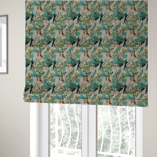 The fabric used to create these Roman blinds is a vintage victorian style fabric pattern featuring winged angels in sage green gowns surrounded by white blossom branches on a teal and dark forest green background.   