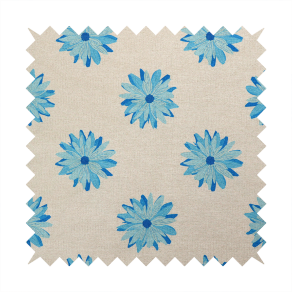 Fabric pattern featuring repeating bright blue daisy-like flowers set against a neutral beige woven background.   