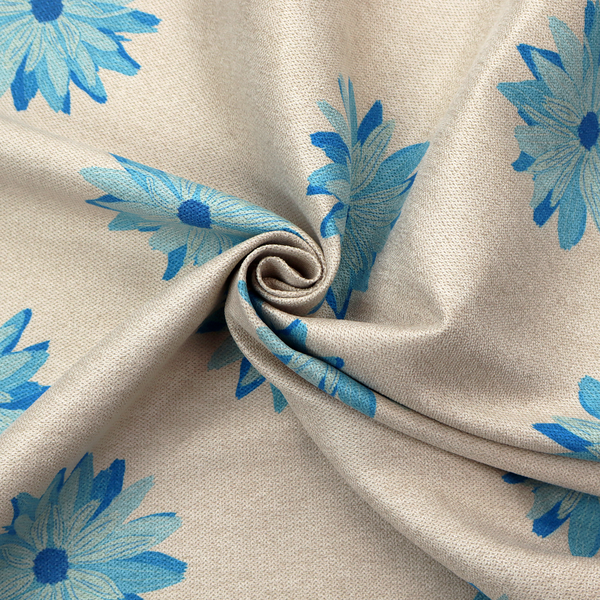 Fabric pattern featuring repeating bright blue daisy-like flowers set against a neutral beige woven background.   