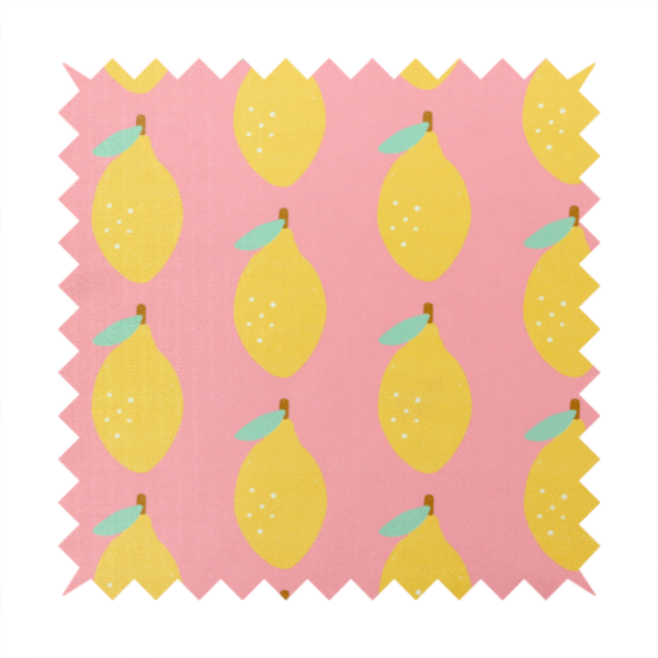 Pink fabric with a repeating pattern of yellow lemons, light green leaves, and small white dots.