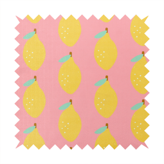 Pink fabric with a repeating pattern of yellow lemons, light green leaves, and small white dots.