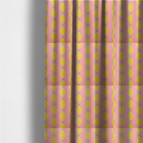 The fabric used to create these made-to-measure curtains is a pink fabric with a repeating pattern of yellow lemons, light green leaves, and small white dots.